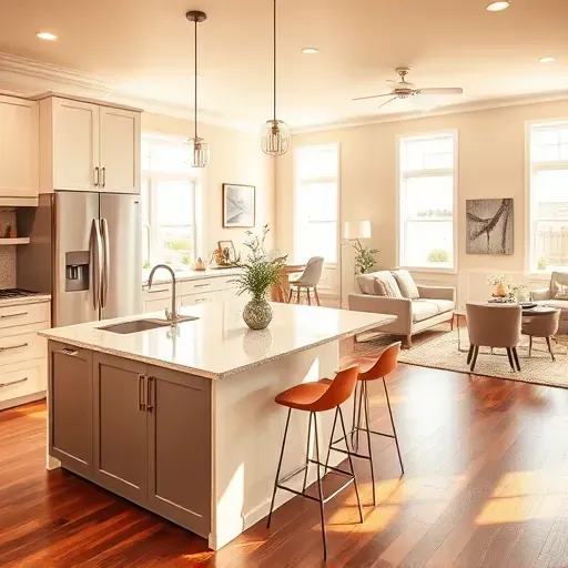 Modernized kitchen in Corinth KY with sleek cabinetry, granite countertops, state-of-the-art appliances and an open living area.