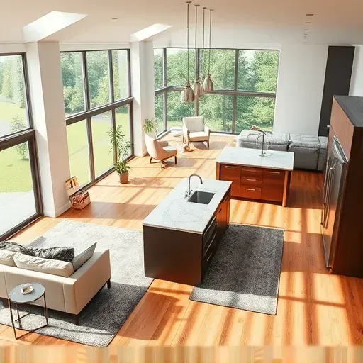 Modern renovated open-concept living space in Lawrenceburg KY with large windows, hardwood floors, stylish furniture, and lush outdoor view