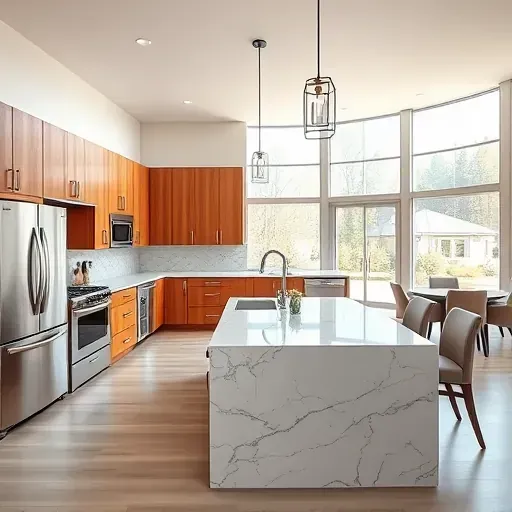 Beautiful modern kitchen in Harrodsburg KY with wood cabinets stainless steel appliances marble countertops and large windows