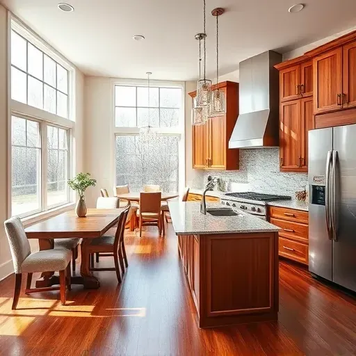 Remodeled Mount Eden KY kitchen with granite counters stainless appliances wooden cabinetry large windows hardwood floors and cozy dining area