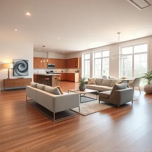 Remodeled open-concept living space in Monterey KY featuring hardwood floors, modern decor, and abundant natural light.