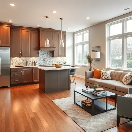 Modern kitchen remodel in Frankfort KY featuring sleek cabinetry, quartz island, stainless appliances, and cozy living area.