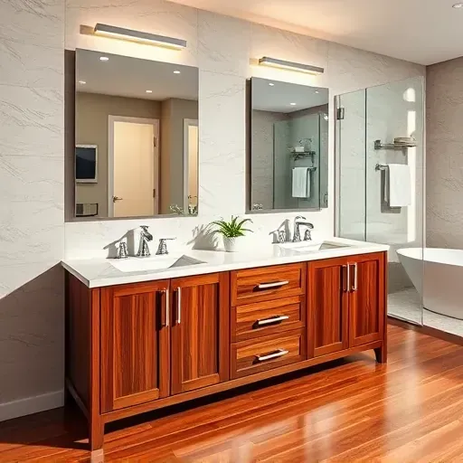 Modern bathroom vanity in Lawrenceburg KY with marble double sink, dark wood cabinets, chrome fixtures, tiled walls, hardwood floors, and natural lighting