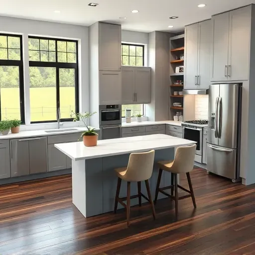 Remodeled modern kitchen in Burgin Kentucky with gray cabinets, marble island, stainless appliances, black-framed windows, and hardwood floors