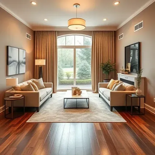 Modern living room remodel in Midway, KY with neutral tones, wood flooring, and elegant light fixtures creating an inviting setting.