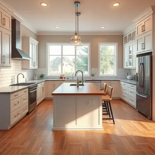 Modern remodeled kitchen in Lockport KY with granite countertops, stainless steel appliances, white subway tile backsplash, hardwood floors, and large windows.