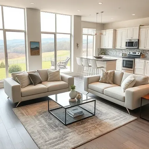 Spacious living room in Glensboro KY with modern furnishings, natural light, and a view of a remodeled kitchen.