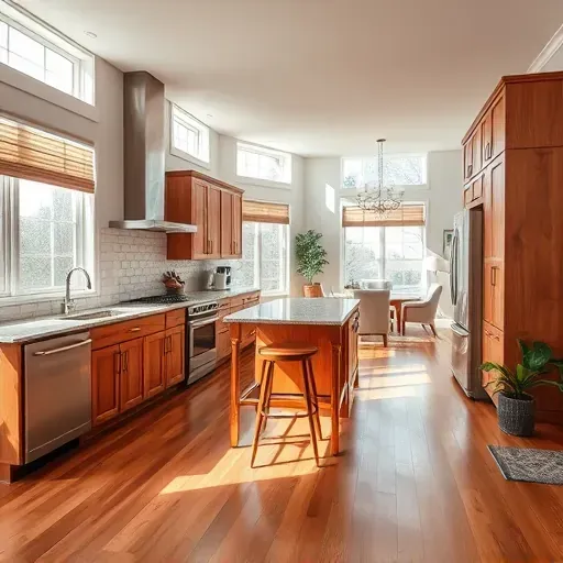 Modern kitchen remodel in Sadieville, KY, featuring sleek appliances, rustic cabinetry, and warm hardwood flooring.