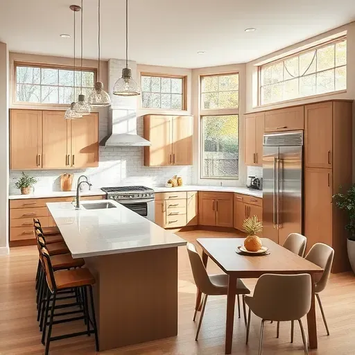 Modern kitchen remodel in Frankfort KY featuring sleek cabinetry, quartz island, pendant lights, and stainless steel appliances.