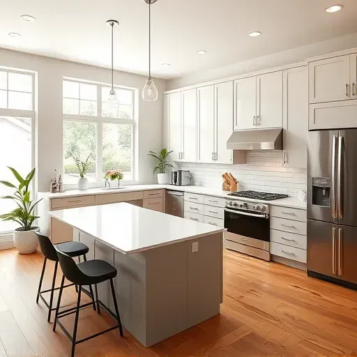Recently remodeled modern kitchen in New Castle KY with quartz counters, stainless steel appliances, subway tile backsplash, and hardwood flooring