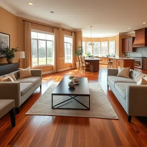 Renovated living room in Bardstown KY showcasing modern design, natural light, rich wood floors, and stylish decor.