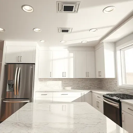 Finished modern kitchen electrical installation in Lawrenceburg KY with LED lights, polished granite counters, and sleek cabinets