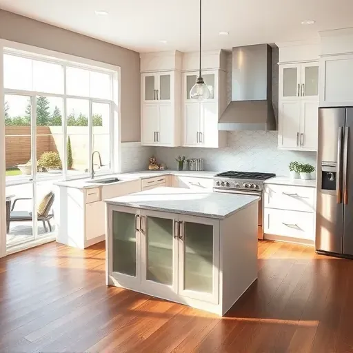Remodeled kitchen in Lawrenceburg KY with modern design, quartz counters, stainless steel appliances, and hardwood floors.