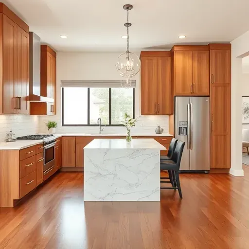 Renovated Baghdad KY kitchen with warm wood cabinets stainless steel appliances marble island natural light hardwood floors and plants