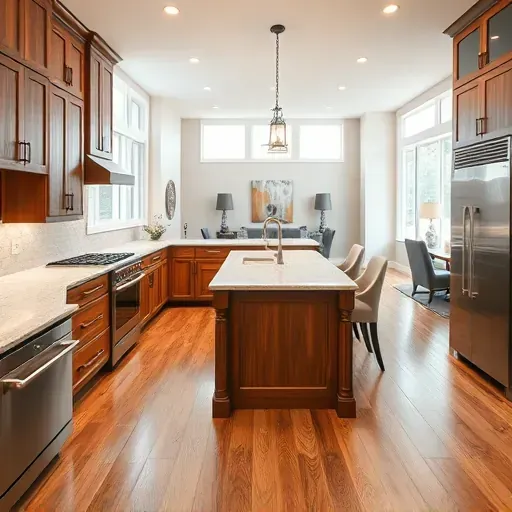 Remodeled Lawrenceburg Kentucky kitchen with granite countertops stainless steel appliances custom wood cabinets hardwood flooring and modern tile backsplash