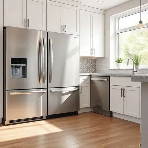 Completed modern stainless steel appliance installation in a bright Kansas kitchen with sleek cabinetry polished countertops and natural light