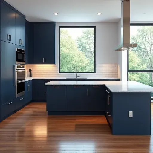 Freshly remodeled kitchen in Lawrenceburg KY with navy cabinetry, quartz island, and stainless steel appliances. Bright and inviting.