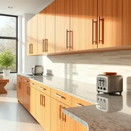 Refurbished modern kitchen cabinet with warm wood grains, chrome handles, granite countertops, and natural sunlight.