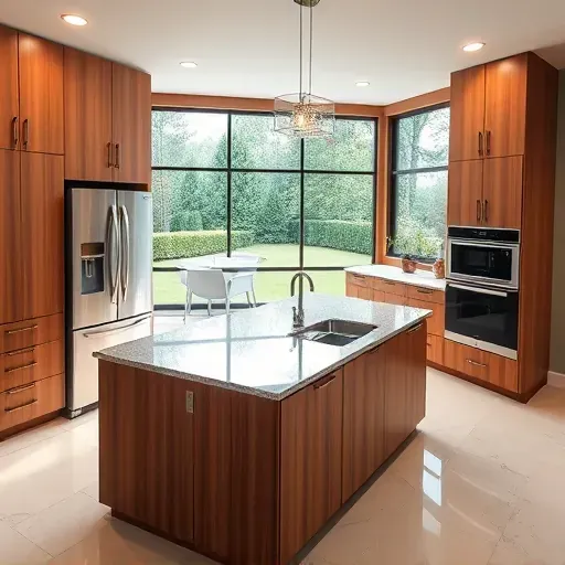 Remodeled kitchen in Finchville Kentucky with modern wood cabinets granite countertops stainless steel appliances large windows and open-concept design