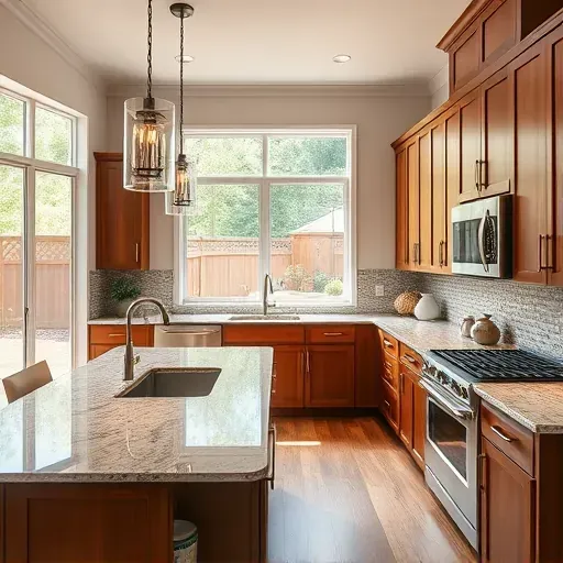 Modern remodeled kitchen with sleek cabinets granite countertops stainless steel appliances large island marble surface pendant lighting backsplash neutral tones wood accents backyard view