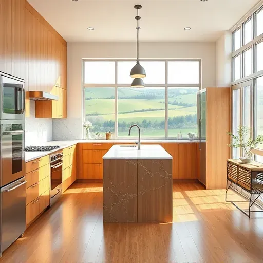 Beautiful modern kitchen in Chaplin KY with warm timber cabinets granite countertops stainless steel appliances and scenic rural views