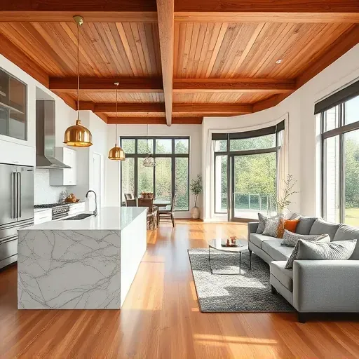 Modern open-concept living space in Finchville KY with rustic wood beams, marble kitchen, and cozy seating area.