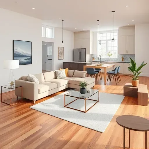 Bright and modern remodeled living space in Stamping Ground KY featuring sleek wood floors, large windows, and elegant furnishings.