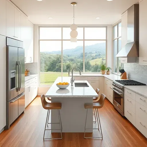 Remodeled modern kitchen in Alton KY with sleek matte cabinetry, granite countertops, hardwood flooring, stainless appliances, and scenic outdoor views