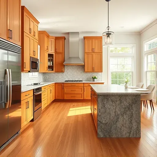 Remodeled kitchen in Nicholasville KY with modern wood cabinets stainless steel appliances granite island and natural light