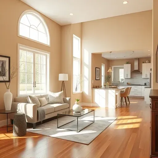 Finished modern living room interior with fresh neutral-painted walls, natural light, polished hardwood floors, and contemporary decor