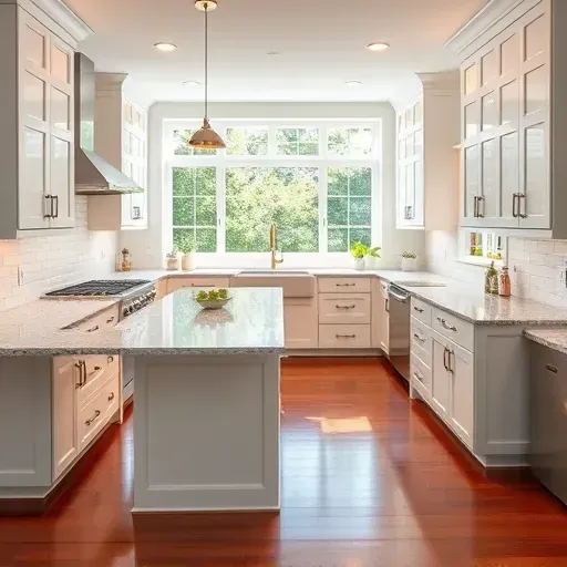Renovated kitchen in Lawrenceburg KY with granite countertops, stainless-steel appliances, and custom white cabinetry.