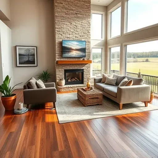 Inviting living room in Chaplin KY blends contemporary style with rustic charm, featuring large windows and wooden floors.