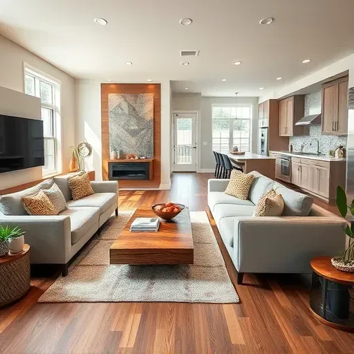 Modern living room remodel in Monterey KY with stylish furnishings, natural light, and elegant kitchen design.