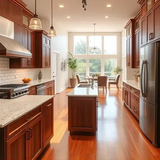 Remodeled Lawrenceburg KY kitchen with granite countertops stainless appliances custom wood cabinets hardwood flooring and natural light