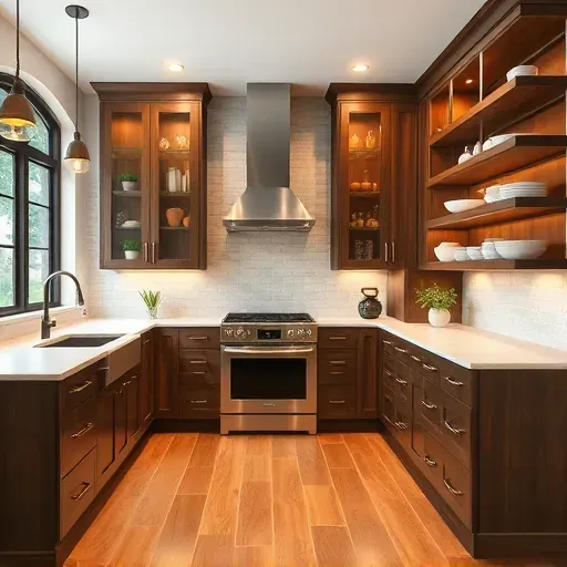 Remodeled kitchen in Danville KY with quartz countertops, black fixtures, wooden cabinetry, and stylish ambient lighting.
