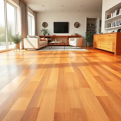 Freshly installed hardwood flooring in a modern living room with natural light, stylish decor, and detailed wood grain