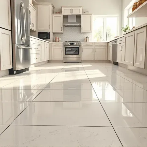 Freshly repaired sleek ceramic tile and grout in a modern kitchen with glossy surfaces, neutral cabinetry, and stainless steel appliances