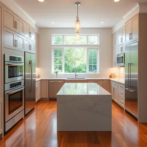 Beautiful renovated modern kitchen in Eminence KY with sleek cabinets granite countertops stainless steel appliances hardwood flooring and natural light