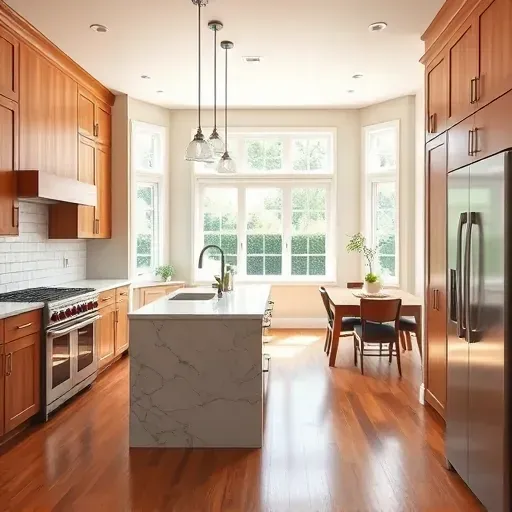 Completed kitchen remodel in Perryville KY with modern cabinetry, stainless steel appliances, and polished marble countertops.