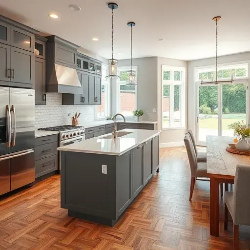 Modern kitchen remodel in Lawrenceburg KY with gray cabinetry, stainless appliances, quartz island, and herringbone flooring.