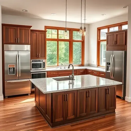 Remodeled kitchen in Willisburg KY with walnut cabinetry, stainless steel appliances, granite island, and natural light.