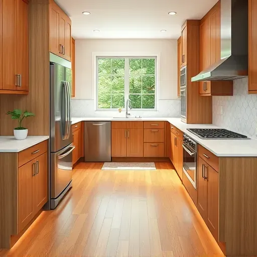 Remodeled Wilmore KY kitchen with warm wood cabinetry white marble countertops stainless steel appliances hardwood flooring and modern backsplash