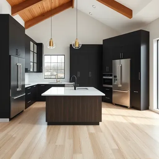 Completed modern kitchen in Midway KY with black cabinetry, white quartz countertops, marble backsplash, dark wood island, and scenic town views