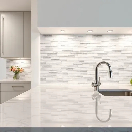 Close-up of a modern kitchen backsplash with detailed high-quality tiles, polished countertops, and elegant lighting in Lawrenceburg KY