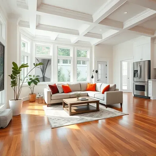 Remodeled living room in Corinth KY with hardwood flooring, white walls, sectional sofa, large windows, and modern kitchen.
