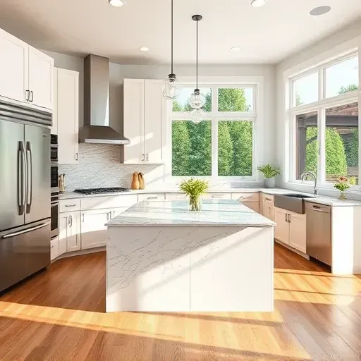 Completed modern kitchen in Lawrenceburg KY with sleek cabinetry granite countertops stainless steel appliances and hardwood flooring