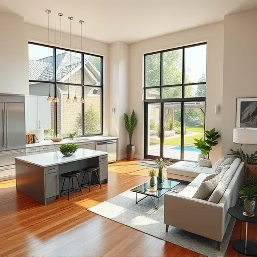 Modern elegant interior living space in Versailles KY with open floor plan, high ceilings, and tasteful decor.