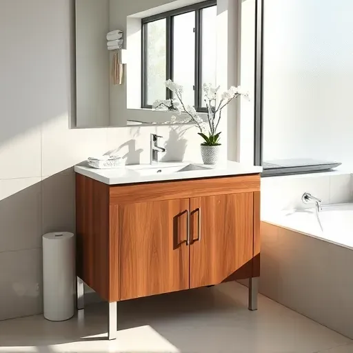 Modern bathroom vanity with wooden cabinet, marble countertop, undermount sink, chrome fixtures, and minimal decor in Lawrenceburg KY