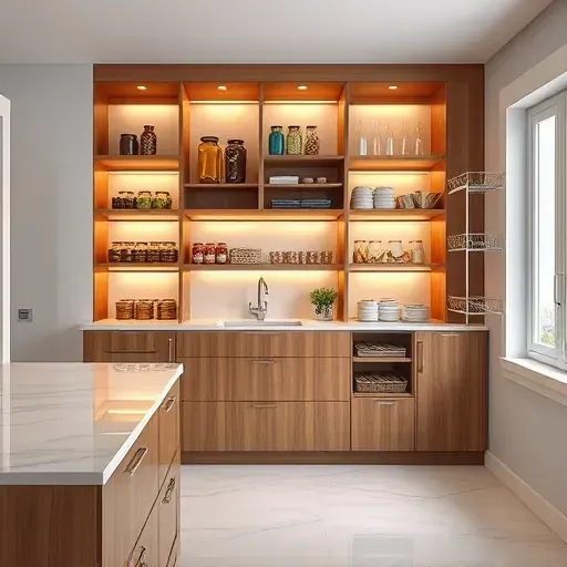 Modern kitchen pantry in Lawrenceburg KY with custom wooden shelves, glass jars, canned goods, baskets, marble countertop, LED lighting, and sleek storage.