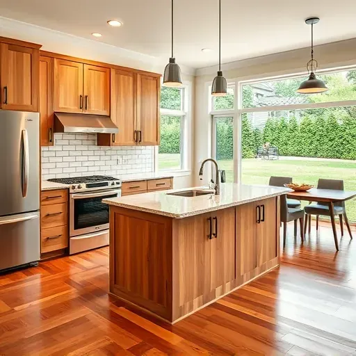 Remodeled Waddy Kentucky kitchen with modern wood cabinets black handles granite island stainless steel appliances hardwood floors subway tiles and natural light